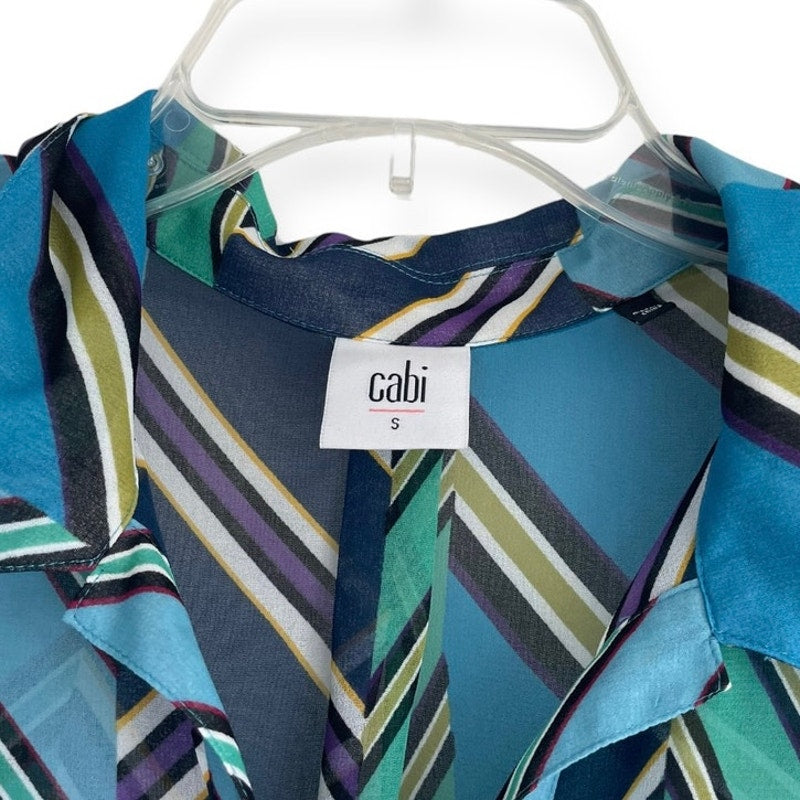 CAbi Sheer Colorful Striped V-Neck Collared Blouse