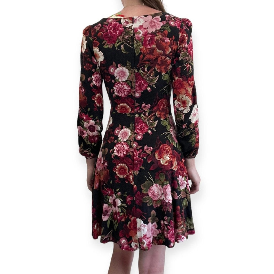 Fervour Black and Red Floral A-Line Long Sleeve Mini Dress