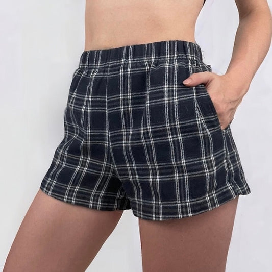 SHEIN Soft Black and White Plaid Casual Lounge Mini Shorts