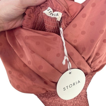 NWT Storia Silky Pink Polka Dot Ruched A-Line Mini Dress