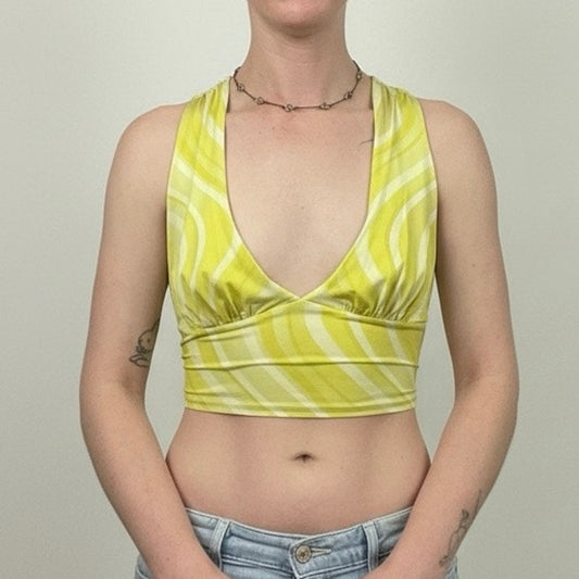 Urban Outfitters Yellow Striped Cross Tie Back Cropped Plunge Neck Top