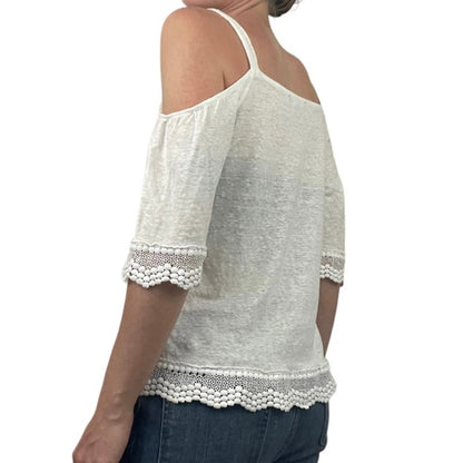 Sanctuary White Cold Shoulder Boho Lace Trim Blouse
