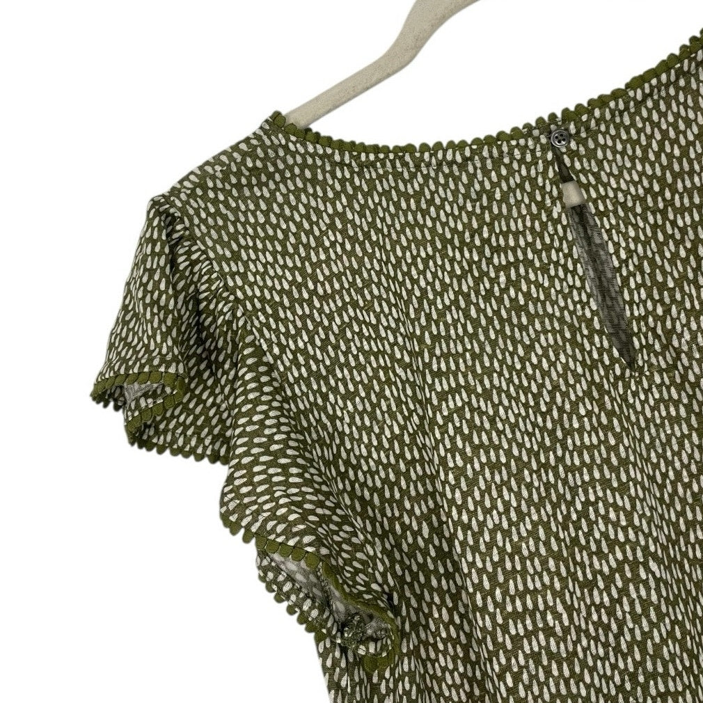 NWT LOFT Linen Green & White Dot Boho Embroidered Trim Blouse