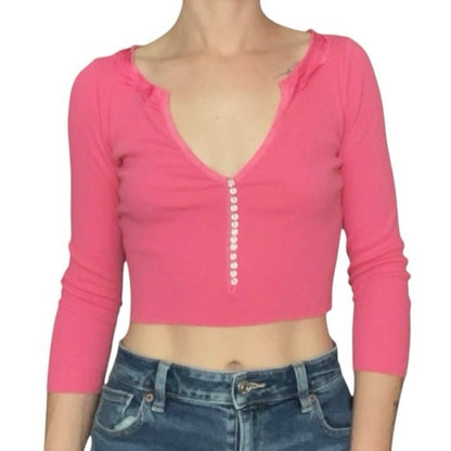 Vintage Pink Rhinestone Ribbed Cropped Ruffled V-Neck Top