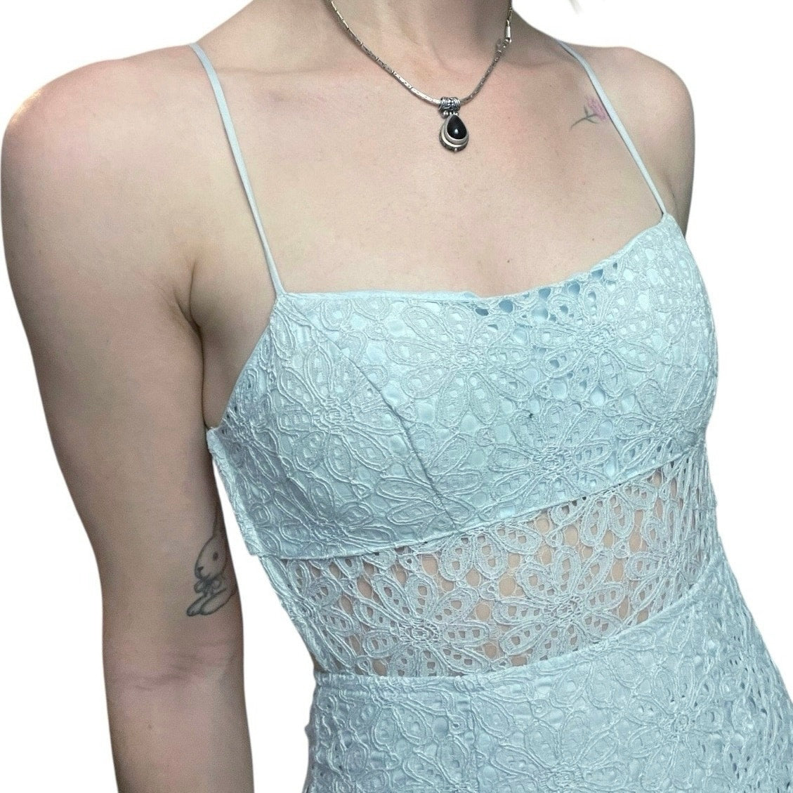 NWT Saints + Secrets Steel Blue Sheer Lace Open Back Side Slit Midi Dress