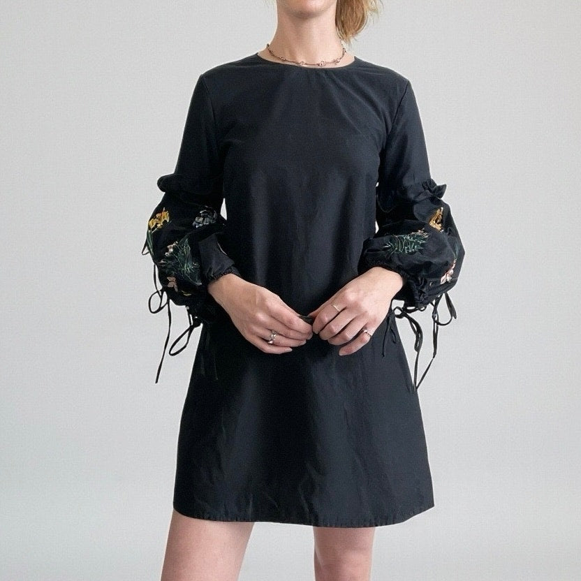 Trafaluc by Zara Black Mini Dress with Lace Up Floral Embroidered Long Sleeves