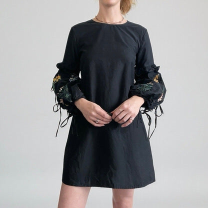 Trafaluc by Zara Black Mini Dress with Lace Up Floral Embroidered Long Sleeves