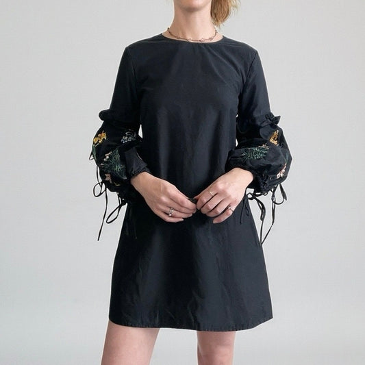 Trafaluc by Zara Black Mini Dress with Lace Up Floral Embroidered Long Sleeves