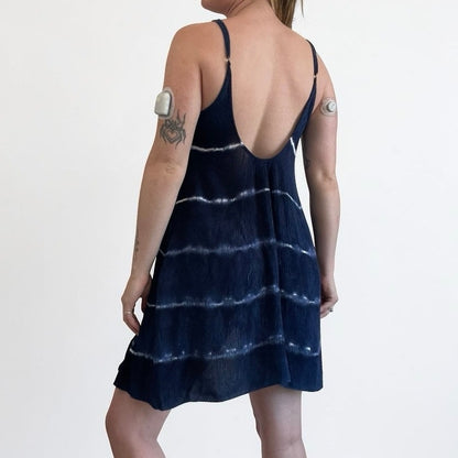 Navy Blue & White Tie Dye Striped Mini Dress