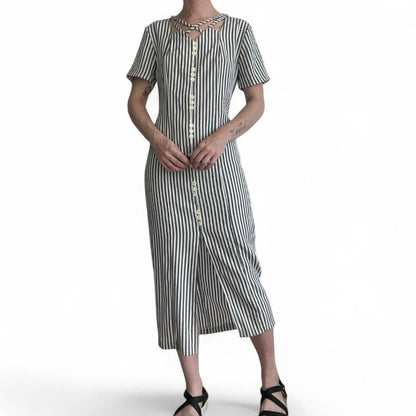 D.B.Y. Ltd Vintage Grey & White Striped Button Down Cutout Neck Maxi Dress