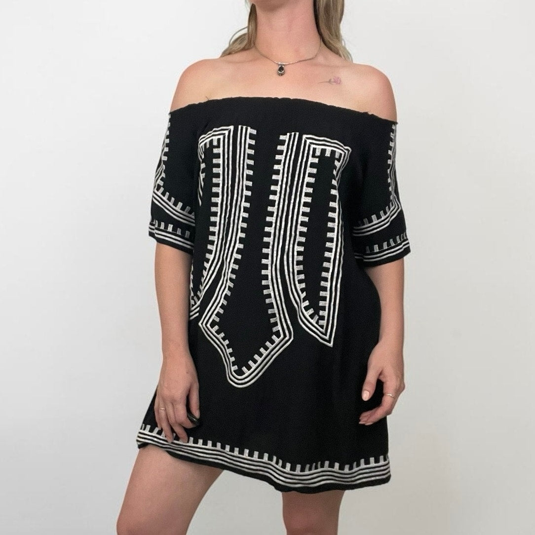 Black & White Embroidered Off the Shoulder Mini Dress