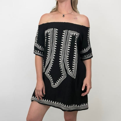 Black & White Embroidered Off the Shoulder Mini Dress