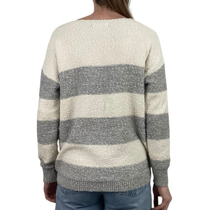 Knox Rose Grey & Cream Striped Knit V-Neck Sweater