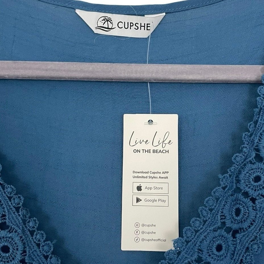 NWT Cupshe Sheer Blue Lace Trim Tiered Mini Dress