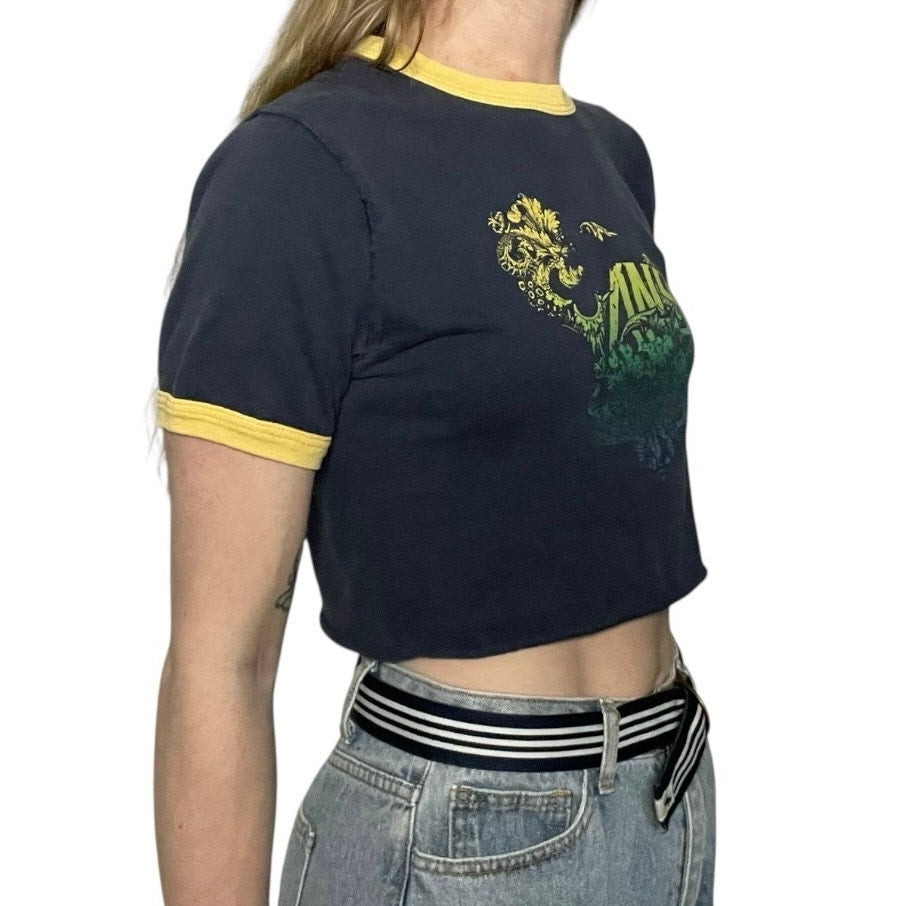 VANS Navy Blue & Yellow Floral Logo Ringer Cropped Top