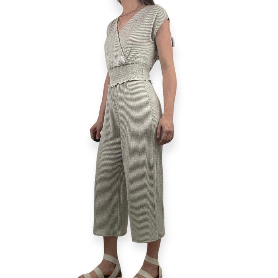 Soft Grey and White Pin Striped V-Neck Jumpsuit