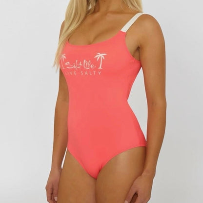 NWT Salt Life Coral Pink Live Salty Scoop Neck One Piece Swimsuit