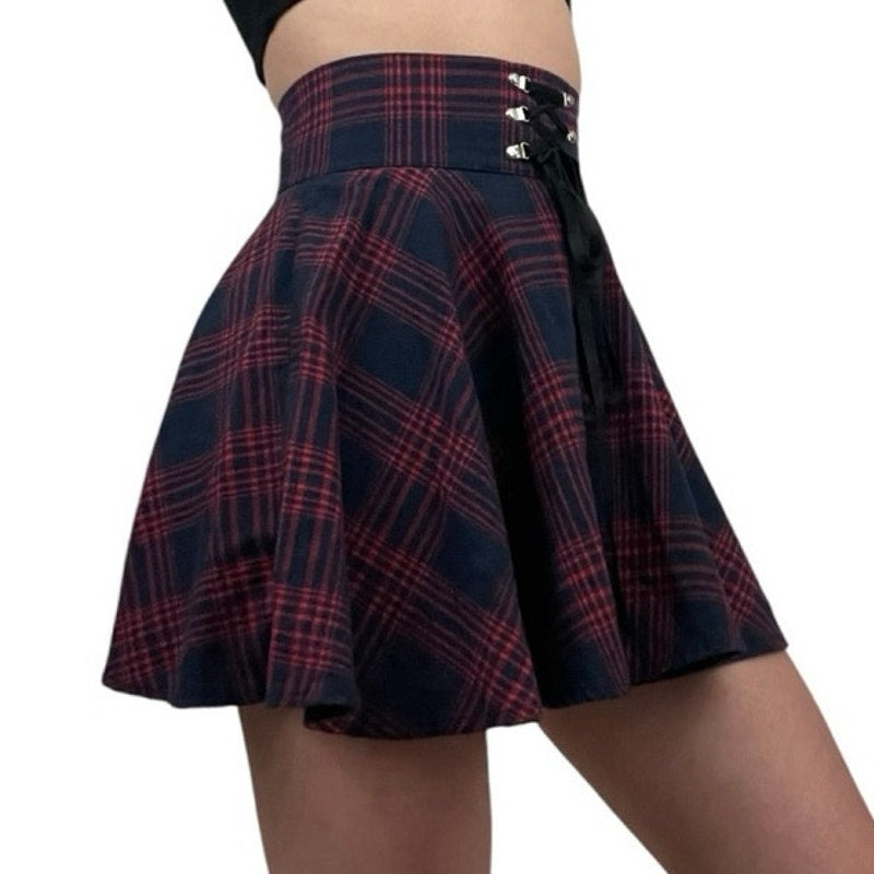 ROMWE Navy Blue & Red Plaid Lace Up Mini Skater Skirt