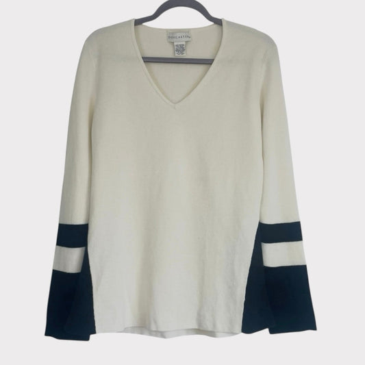 Doncaster Cream & Black Striped Sleeves V-Neck Knit Sweater
