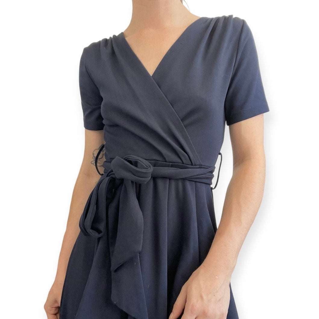 Unique Vintage Navy Blue A-Line Mini Dress with Belt