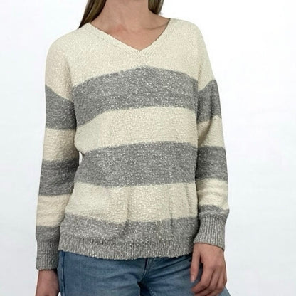 Knox Rose Grey & Cream Striped Knit V-Neck Sweater