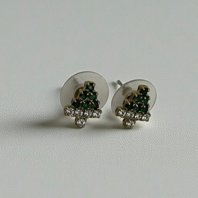 Vintage Rhinestone Gem Festive Christmas Tree Stud Earrings