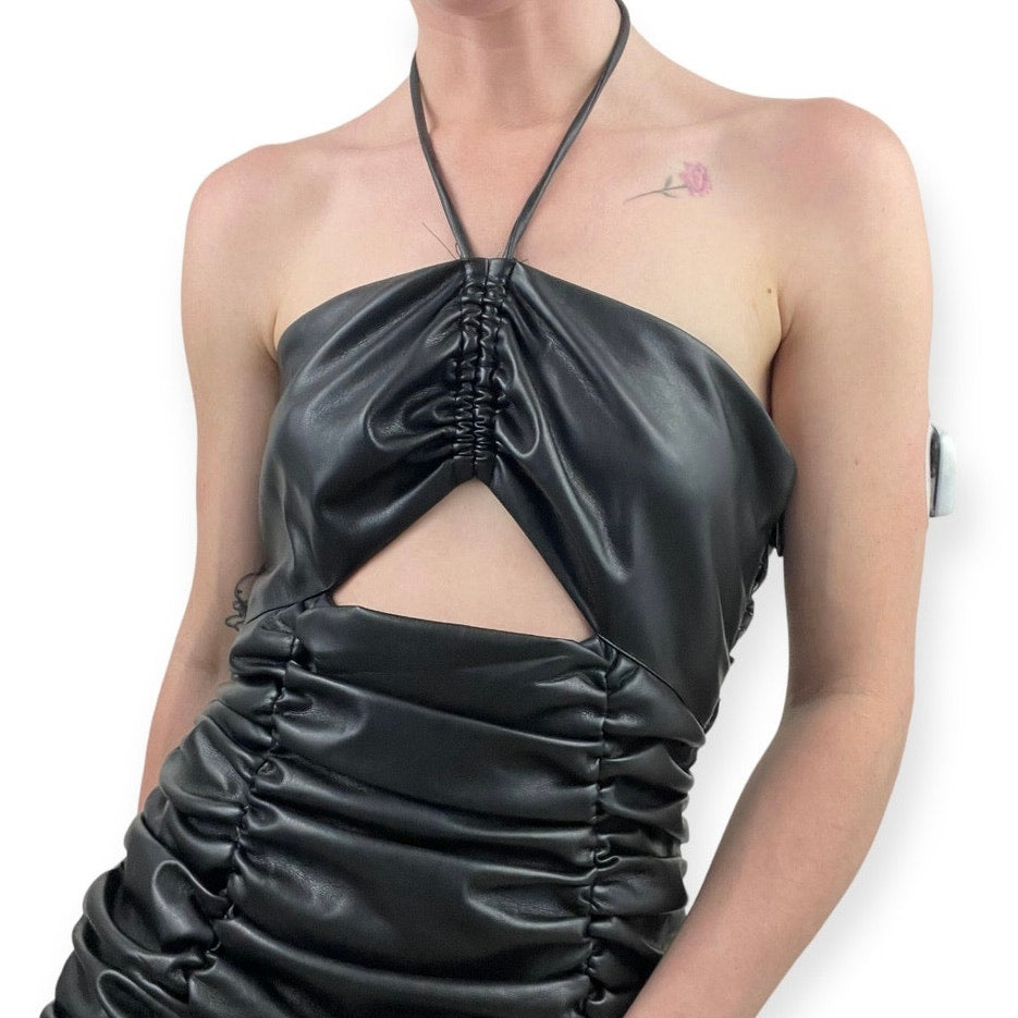 Lovers and Friends Black Faux Leather Ruched Halter Neck Mini Dress