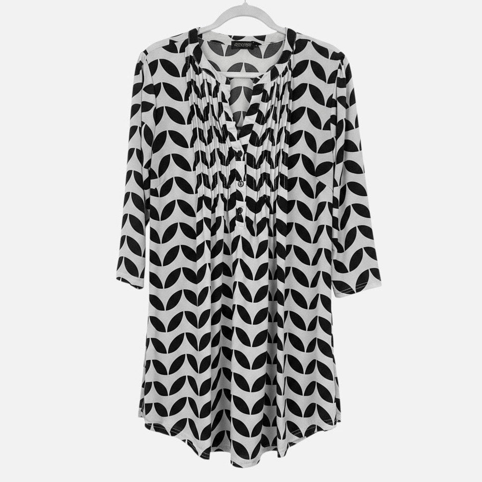 Reborn Black & White Geometric Print 3/4 Sleeve Tunic Blouse
