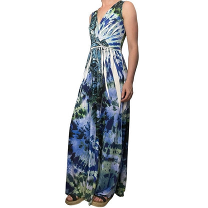 AB Studio Blue & Green Boho Paisley A-Line V-Neck Maxi Dress