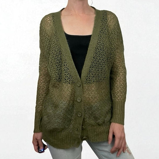 Kensie Olive Green & Gold Metallic Knit Button Down Cardigan Sweater
