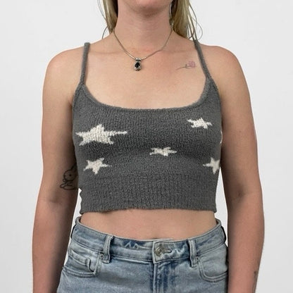 Nue Garage Fuzzy Grey & White Star Print Cropped Knit Tank Top