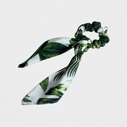 Green & White Leaf Print Silky Tie Scunchie