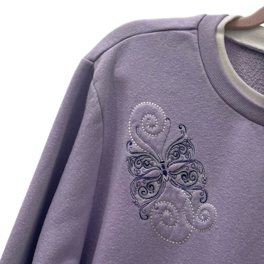 Blair Vintage Purple Butterfly Embroidered White Double Collar Sweatshirt