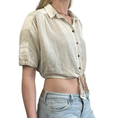 BDG Beige & White Striped Cropped Tie Front Button Down Blouse