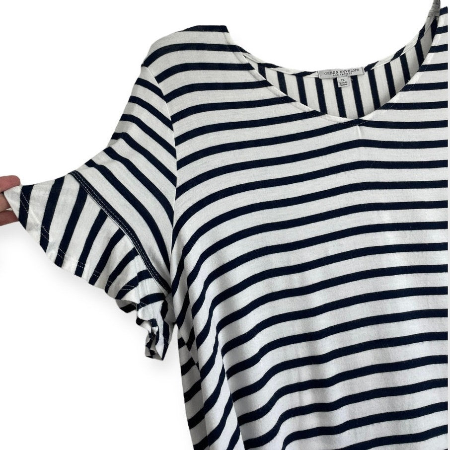 Green Envelope Navy Blue and White Striped Ruffled Short Sleeve Blouse