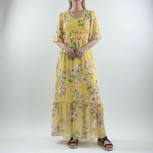 Luxology Yellow Floral Tiered Puff Half Sleeve V-Neck Maxi Dress