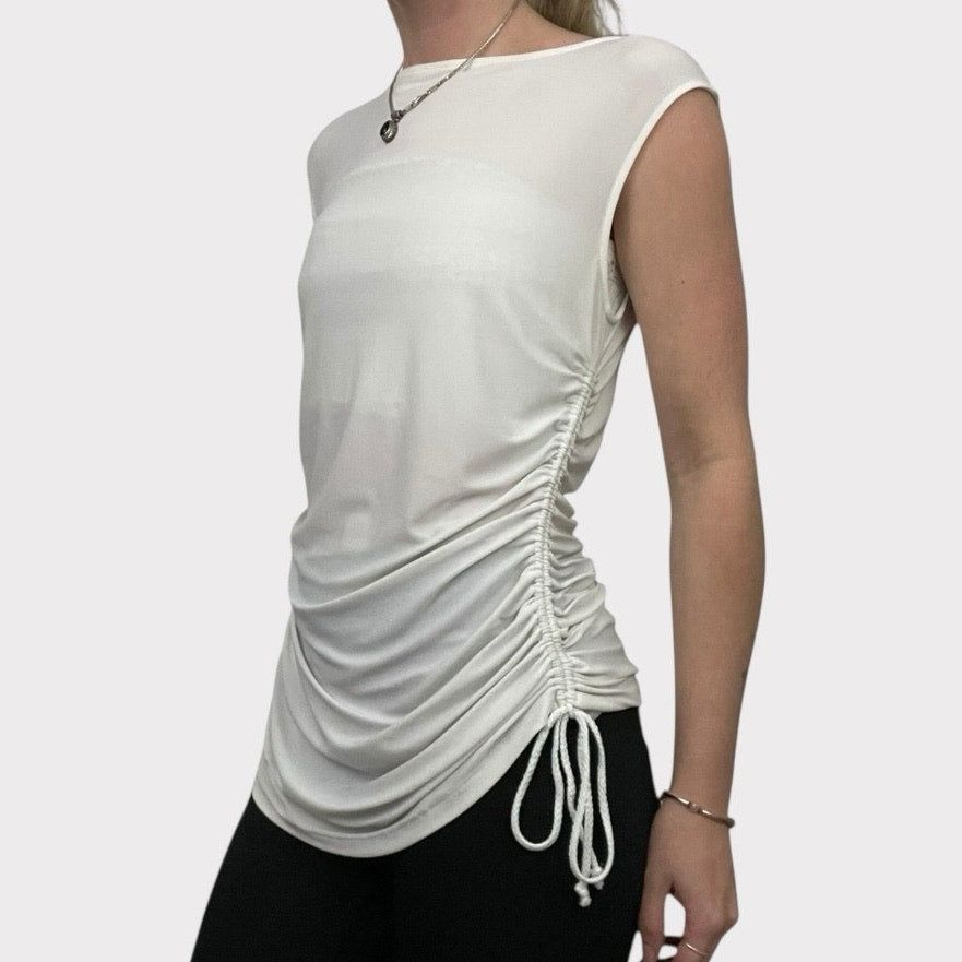 Doncaster White Sheer Cinched Sides Short Sleeve Blouse