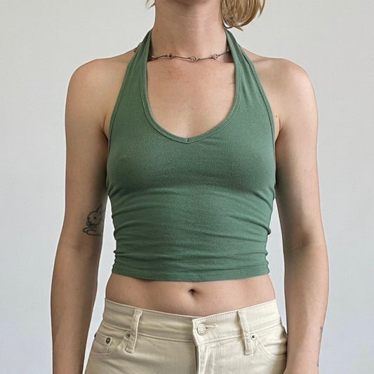 Bozzolo Green Halter Neck Cropped V-Neck Top