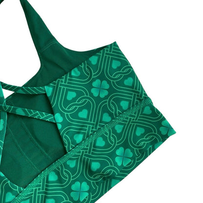 Green Lucky Four Leaf Clover Strappy Racerback Padded Sports Bra