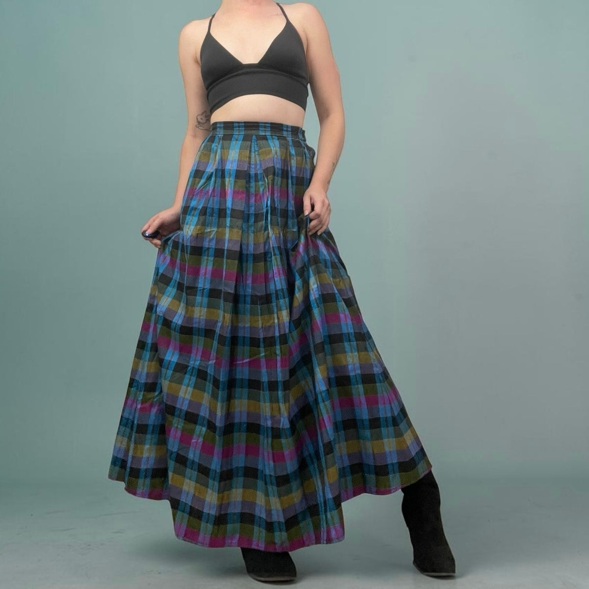 Leo Narducci Vintage Silk Plaid Pleated Maxi Skirt