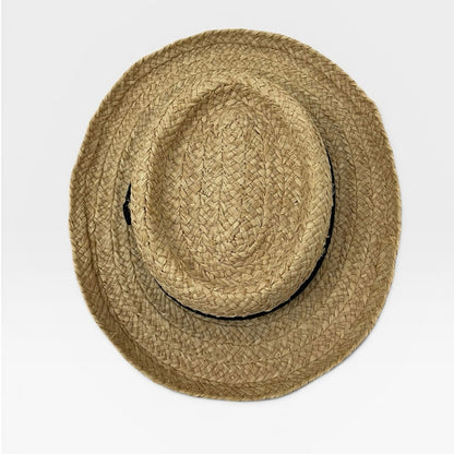 Natural Woven Straw Black Band Boater Wide Brim Sun Hat