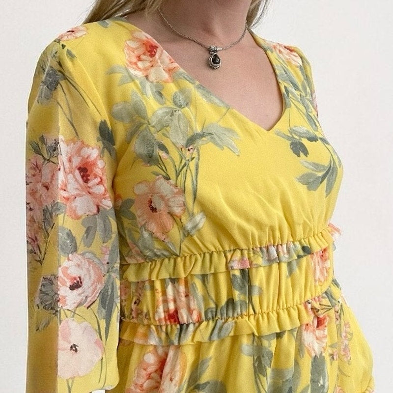 Luxology Yellow Floral Tiered Puff Half Sleeve V-Neck Maxi Dress