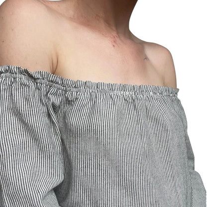 Brandy Melville Grey & White Pin Striped Off the Shoulder Puff Sleeve Blouse