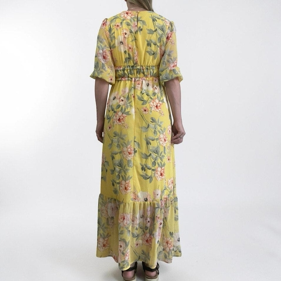Luxology Yellow Floral Tiered Puff Half Sleeve V-Neck Maxi Dress