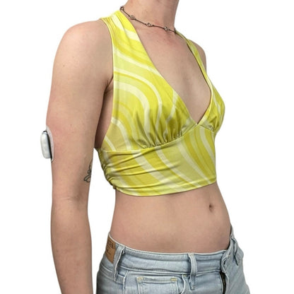 Urban Outfitters Yellow Striped Cross Tie Back Cropped Plunge Neck Top