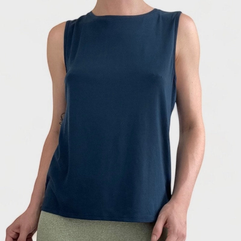 Athleta Soft Open Cutout Wrap Back Blue Tank Top