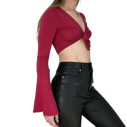 Sky & Sparrow Red Long Bell Sleeve Tie Front Cropped Blouse
