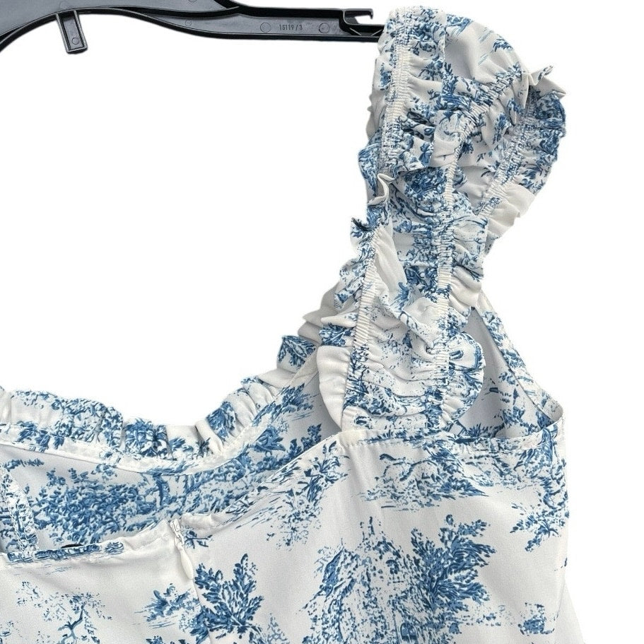 NWOT Cider Blue & White Boho Side Slit Ruffled Sleeve A-Line Midi Dress