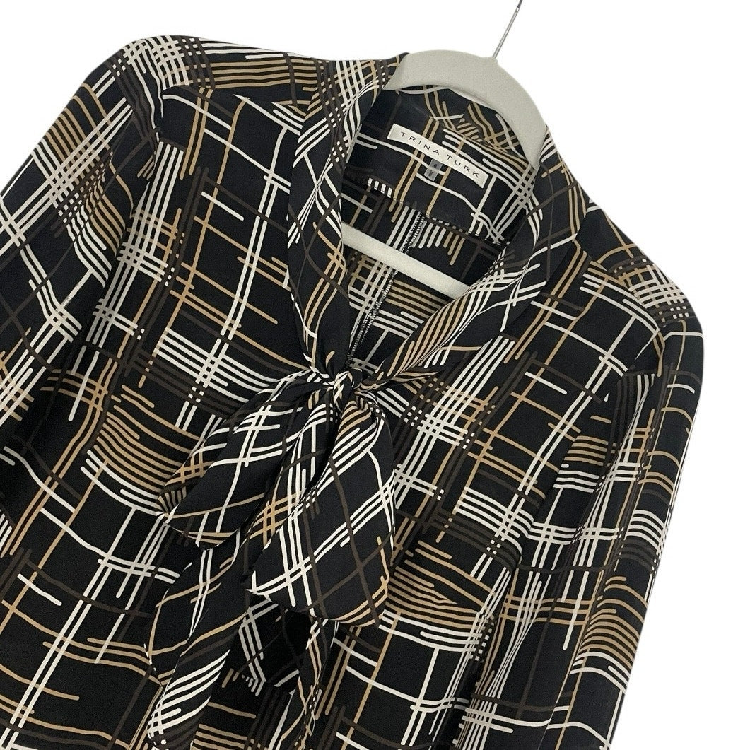 Trina Turk Black & Brown Silk Long Sleeve Button Down Tie Neck Blouse