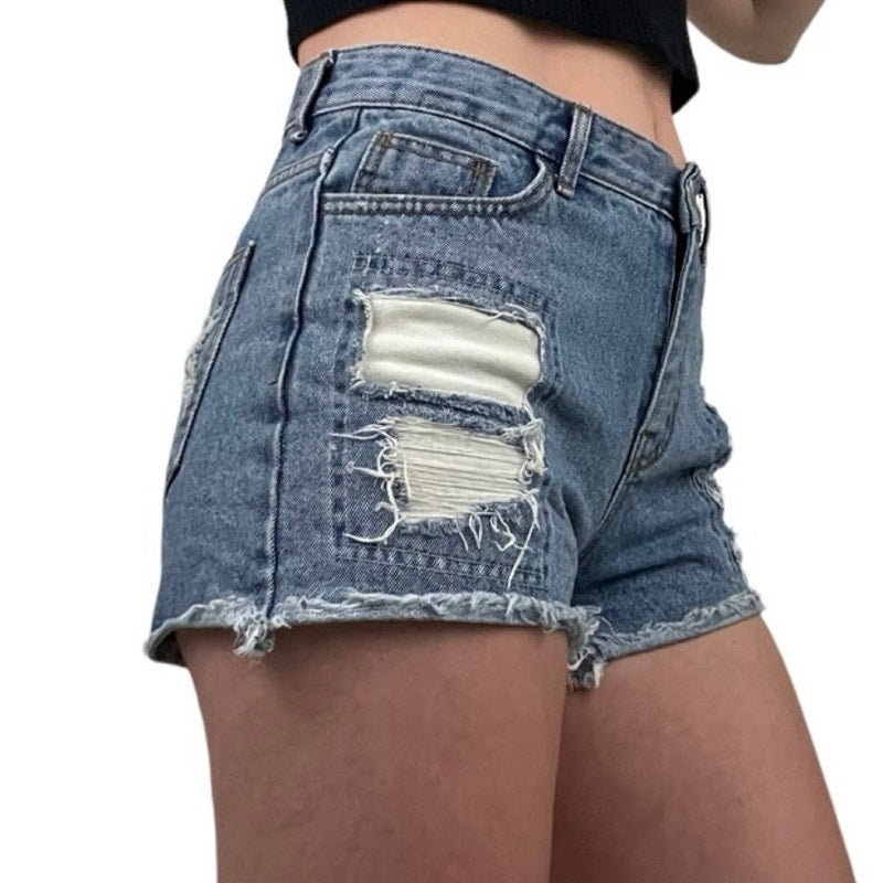 By Flow Patchwork Distressed High Rise Mini Denim Jean Shorts